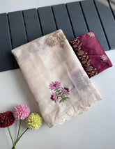 Designer Embroidery Work White Color Saree