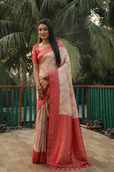 Glorious Kanjivaram Cream & Red Color Soft Silk Saree