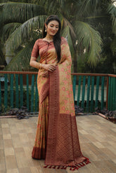 Glorious Kanjivaram Yellow & Maroon Color Soft Silk Saree