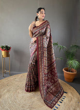 Classic Digital Print Silk Black Color Saree