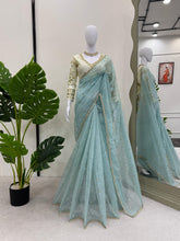 Marriage Special Twill Net Sky Blue Color Saree
