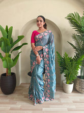 Awesome Embroidery Work Teal Blue Color Saree