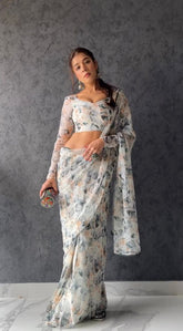 Embellished Soft Satin White Color Left Print Ready To Wear Saree