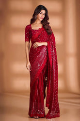 Designer Sequence Red Color Saree