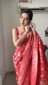 Captivating  Soft Jacquard Red Color Ready To Wear Saree