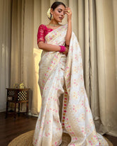 Engagement Wear White Color Jacquard Silk Saree
