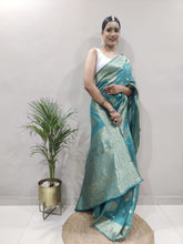 Designer Ready To Wear Copper Jari Teal Blue Color Saree