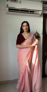Precious Baby Pink Color Ready To Wear Silk Saree