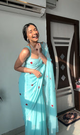 Beautiful Embroidery Red Colour Heart Design Ready To Wear saree