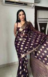 Eyes Catching Soft Lichi Silk Purple Color Ready To Wear Saree