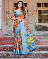 Classic Printed Silk Sky Blue Color Saree