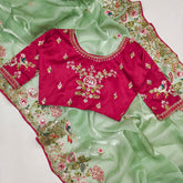 Decent Perrot Color Organza Silk Saree