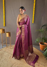 Fashionable Jaquard Wine Color Silk Saree