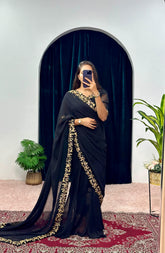 Glimmering Georgette Embrella Flair Black Color Gown With Saree