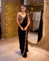 Pretty Georgette Black Colour Saree With Shrug