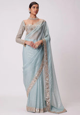Marvelous Sky Color Georgette Original Mirror Saree