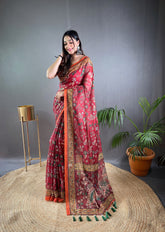 Preferable Cotton Kalamkari Prints Red Color Saree