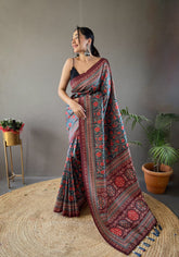 Classic Digital Print Silk Teal Blue Color Saree