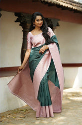 Glossy Jaquard Green Color Silk Saree