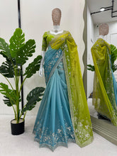 Exclusive Digital Print Sky Blue & Green Color Saree