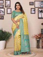 Beautiful Silk Zari Weaving Yellow & Sky Blue Color Saree