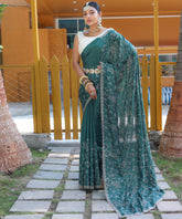 Ravishing Floral Design Teal Green Color Saree