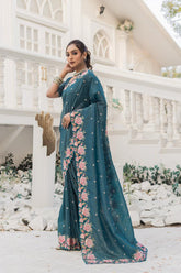 Delightful Crush Silk Teal Blue Color Saree