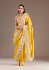 Designer Gold Crush Yellow Color Saree