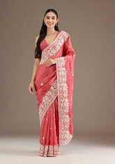 Designer Gold Crush Peach Color Saree