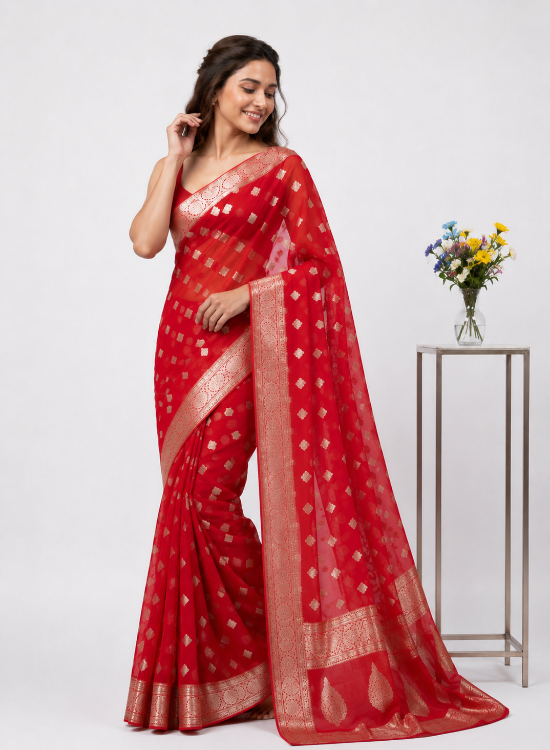 Radiant 1-Minute Ready To Wear Red Cotton Silk Saree