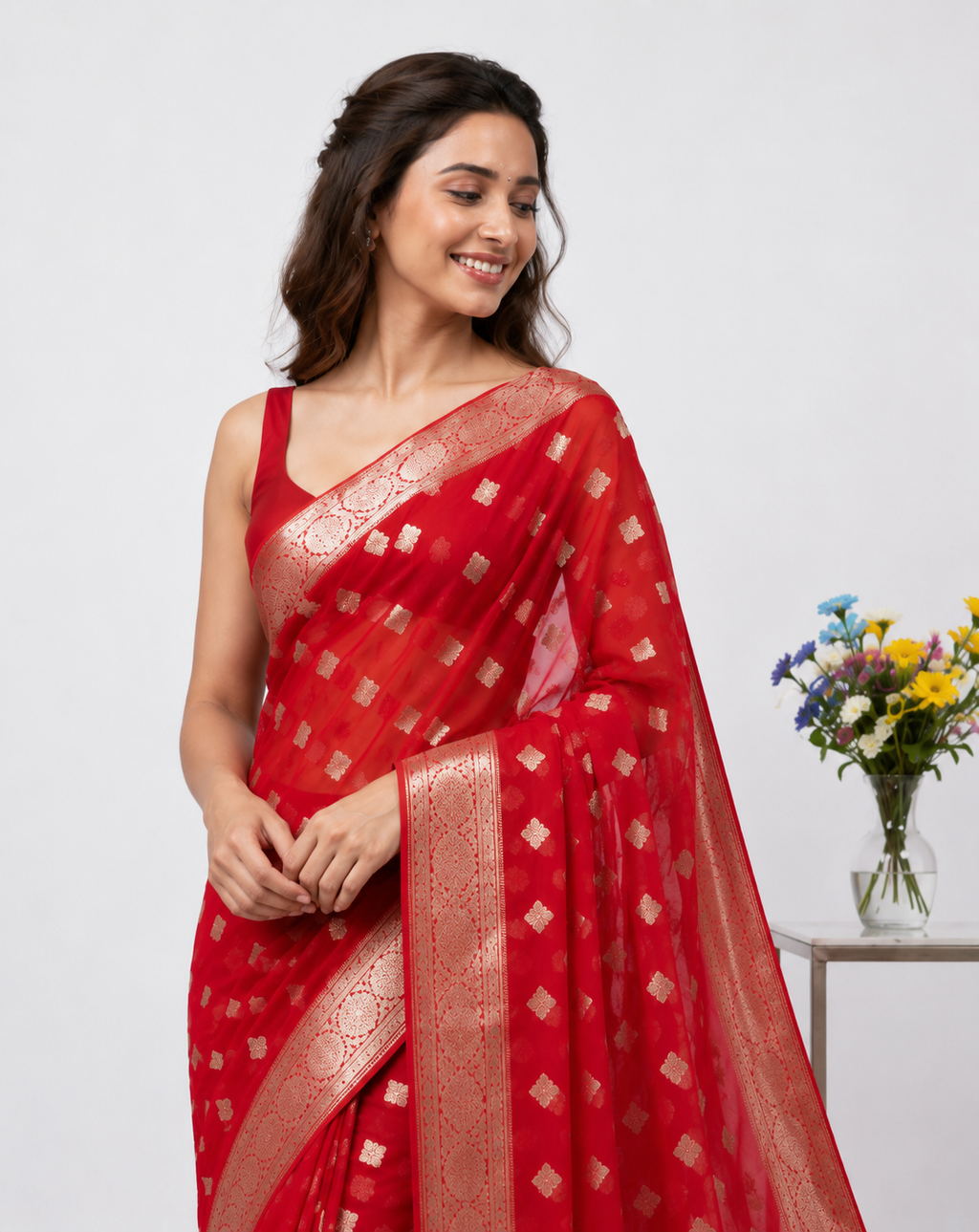 Radiant 1-Minute Ready To Wear Red Cotton Silk Saree