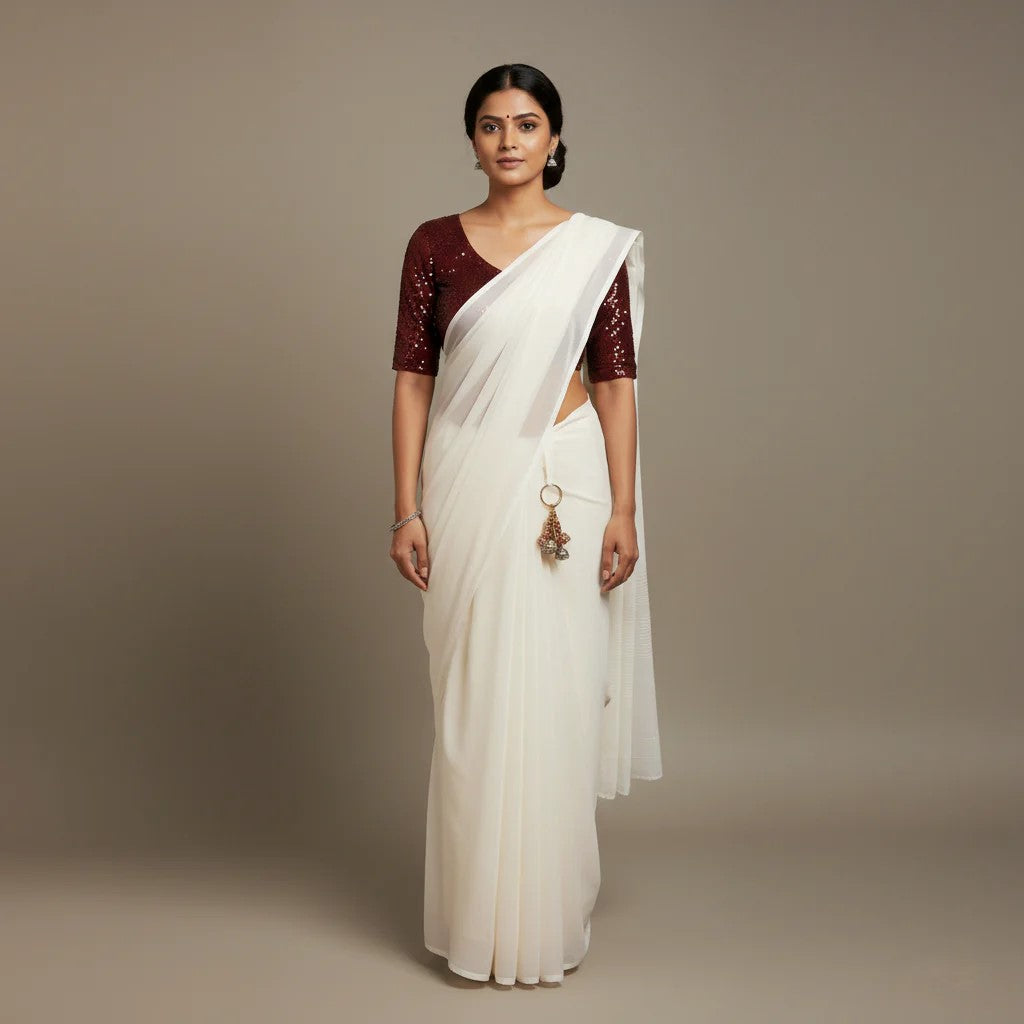 Elegant White Saree with Contrast Maroon Sparkle Velvet Blouse Main image