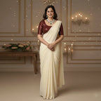 Cream Georgette Saree with Maroon Sparkle Velvet Blouse