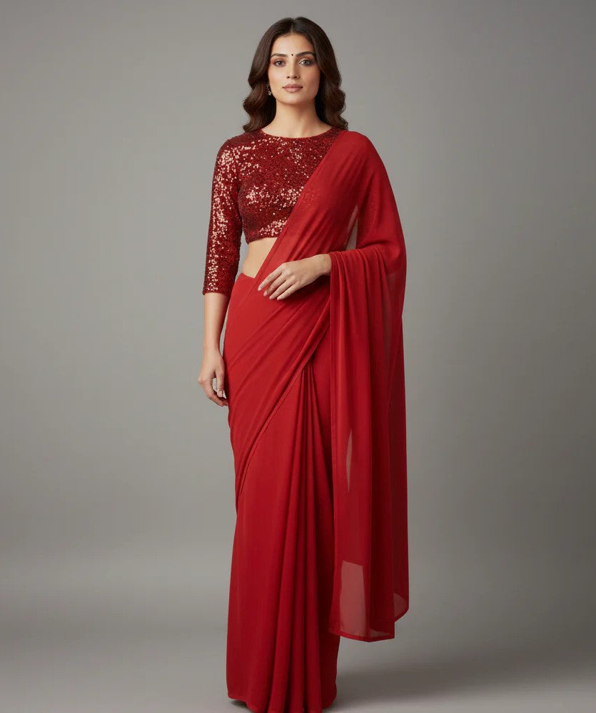 Ton-On-Ton Festive Red Saree with Sparkle Blouse
