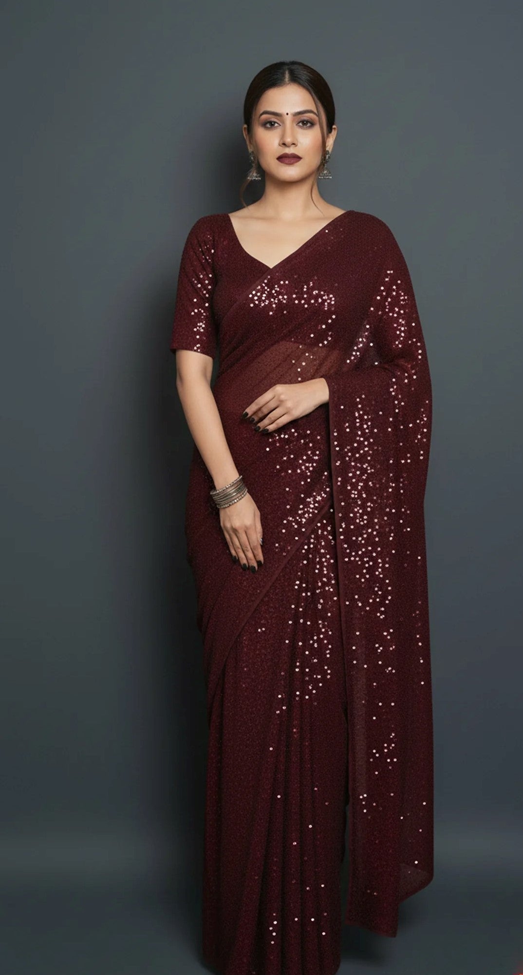 Festive Elegance Maroon Sparkle Georgette Saree Main image