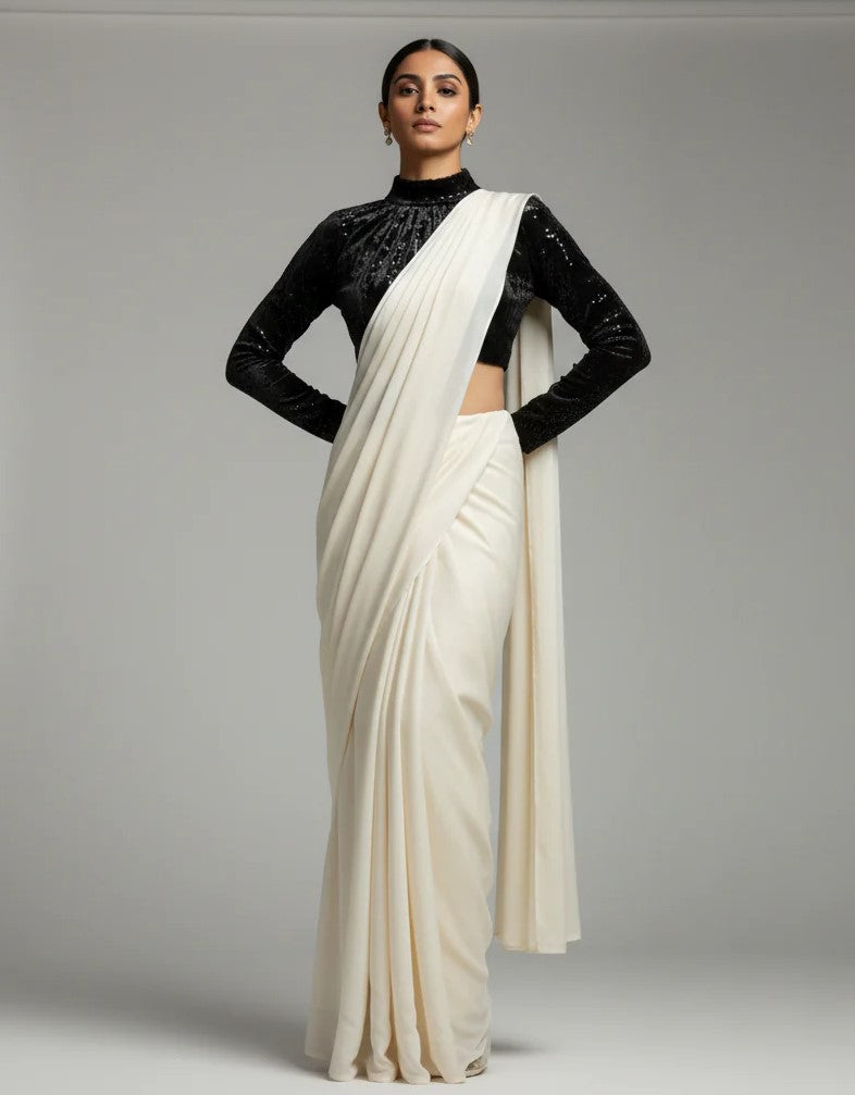 Elegant Cream Georgette Saree with High Neck Black Blouse