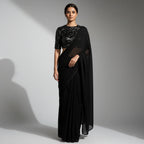 Black Georgette Saree with Black Sparkle Velvet Blouse