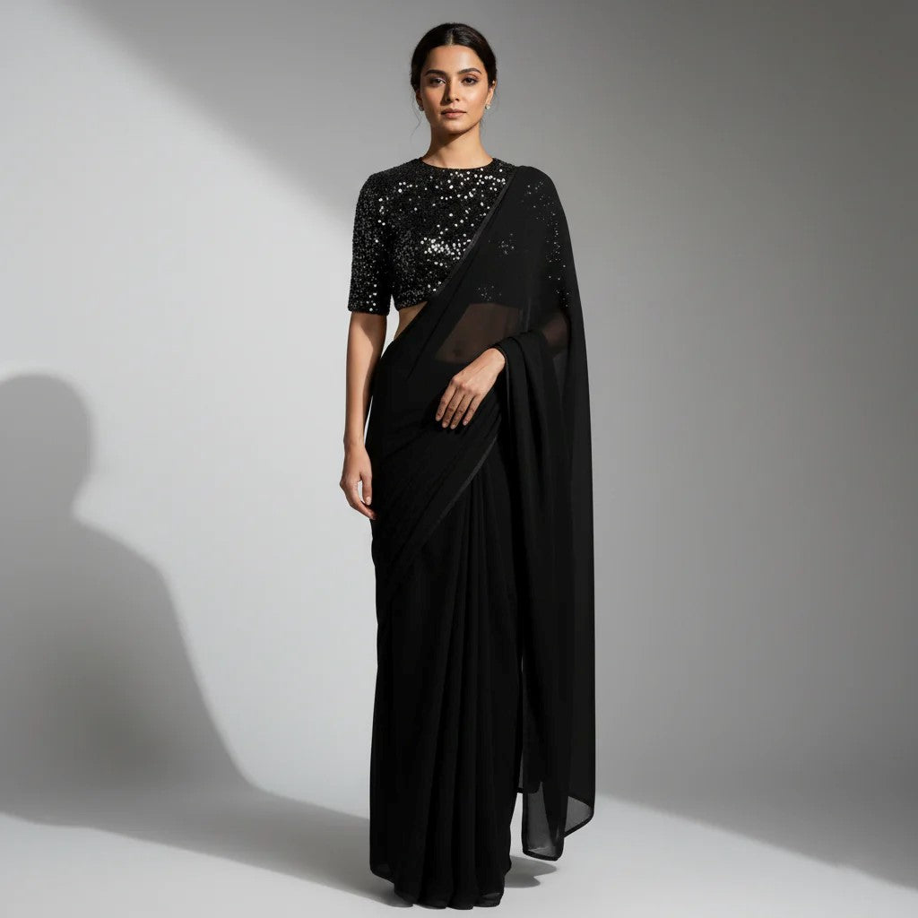Black Georgette Saree with Black Sparkle Velvet Blouse