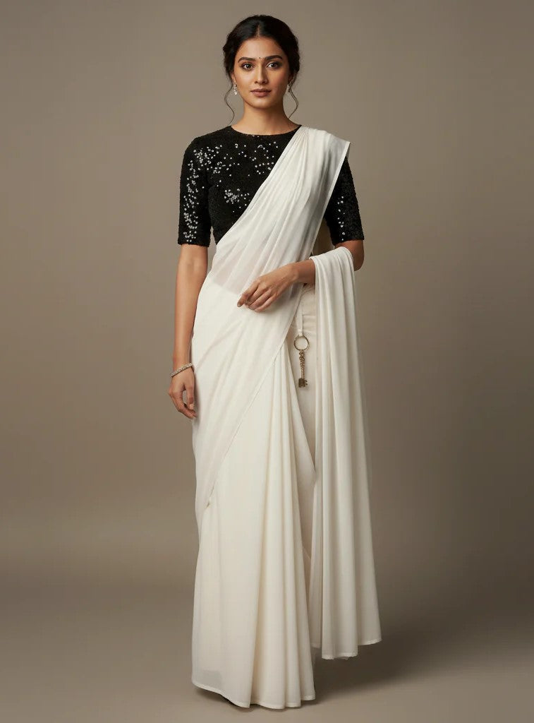 White Georgette Saree With Black Color sequence blouse Main image