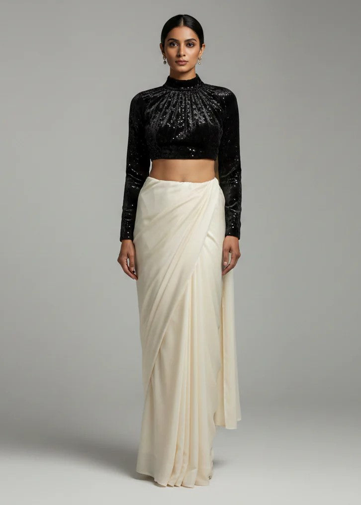 Elegant Cream Georgette Saree with High Neck Black Blouse
