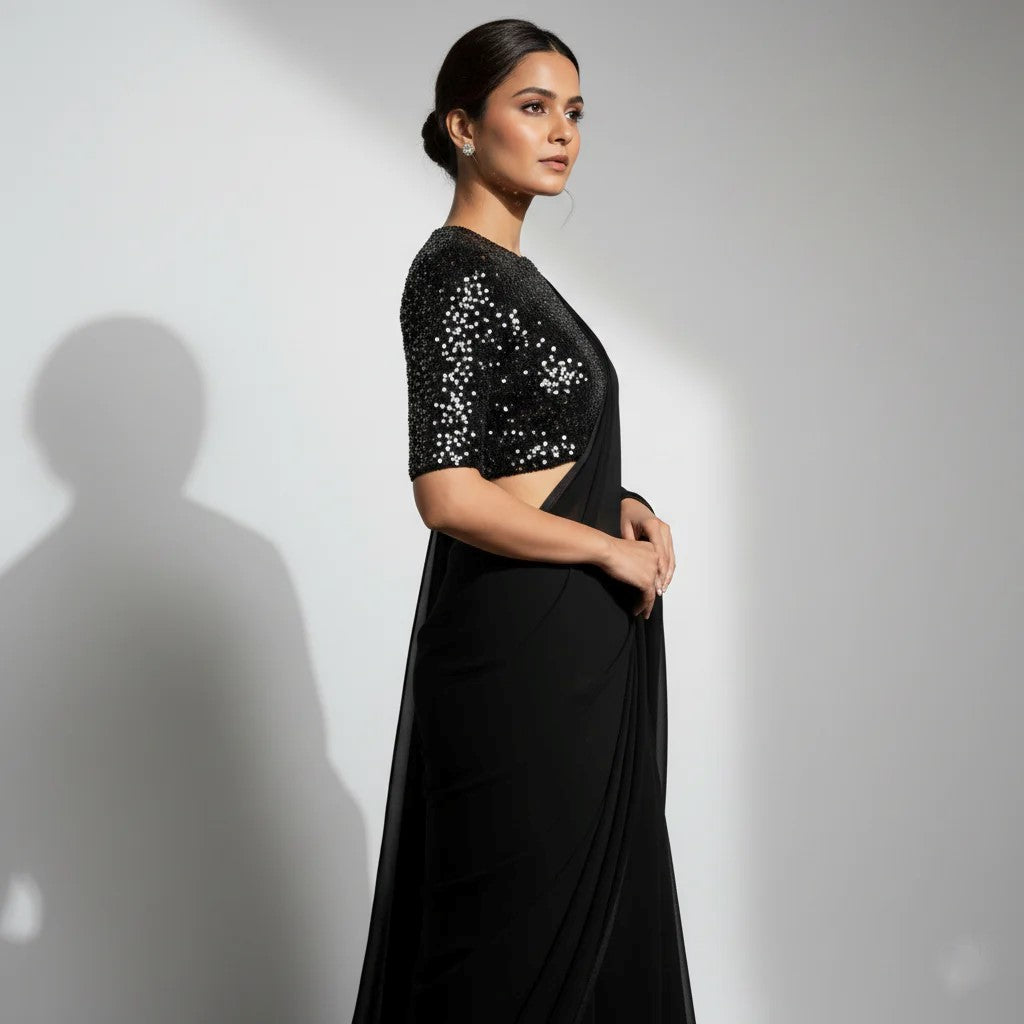Black Georgette Saree with Black Sparkle Velvet Blouse
