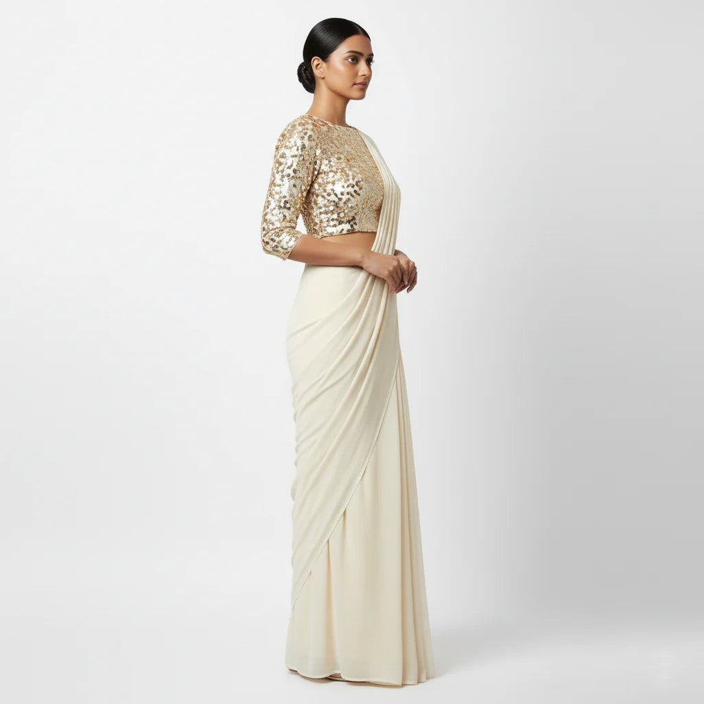 Cream Plain Saree with Heavy Blouse