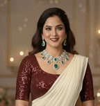 Cream Georgette Saree with Maroon Sparkle Velvet Blouse