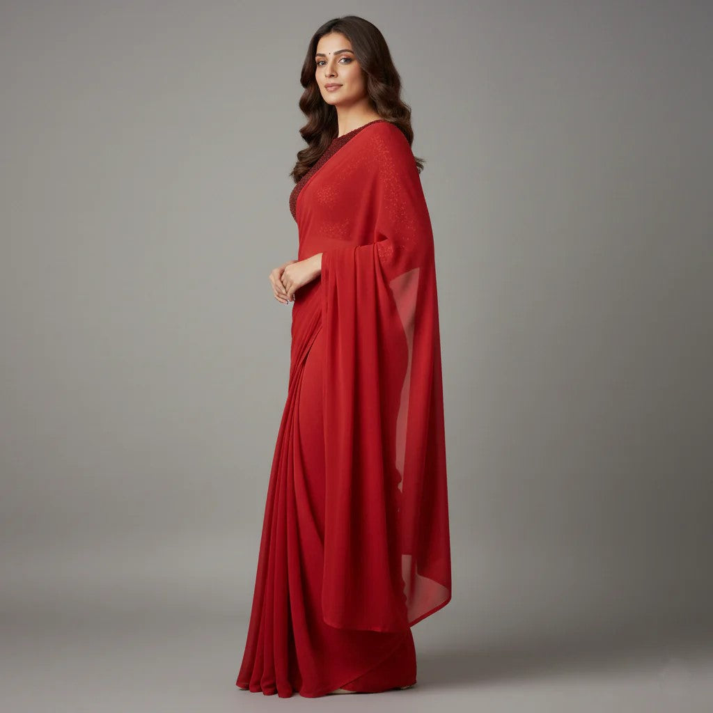 Ton-On-Ton Festive Red Saree with Sparkle Blouse