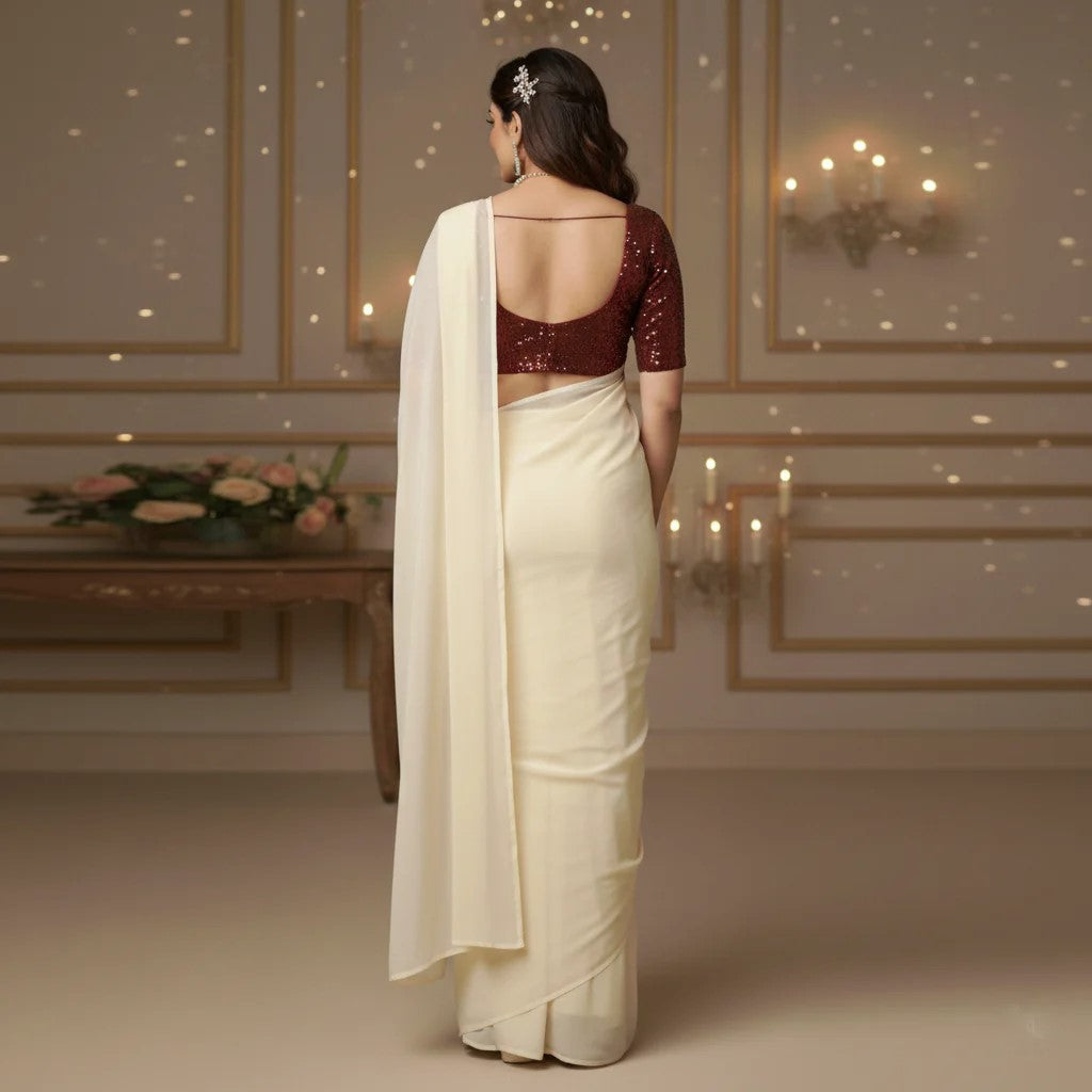 Cream Georgette Saree with Maroon Sparkle Velvet Blouse