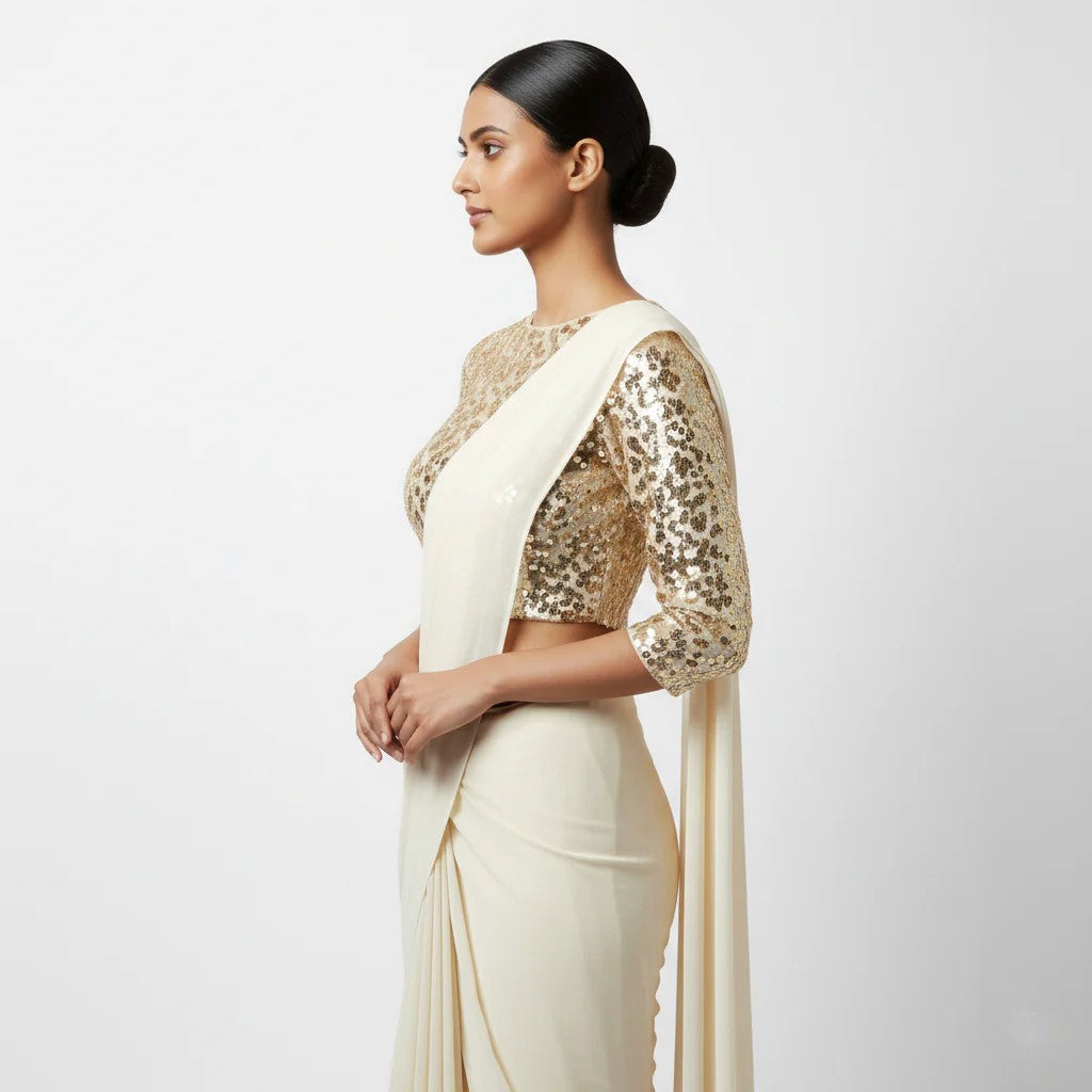 Cream Plain Saree with Heavy Blouse