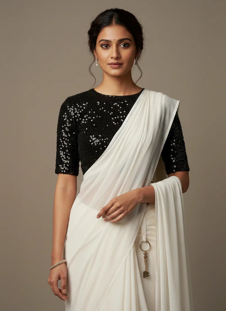 White Georgette Saree With Black Color sequence blouse Secondary image