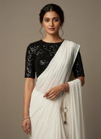 White Georgette Saree With Black Color sequence blouse