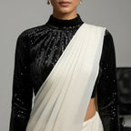 Elegant Cream Georgette Saree with High Neck Black Blouse