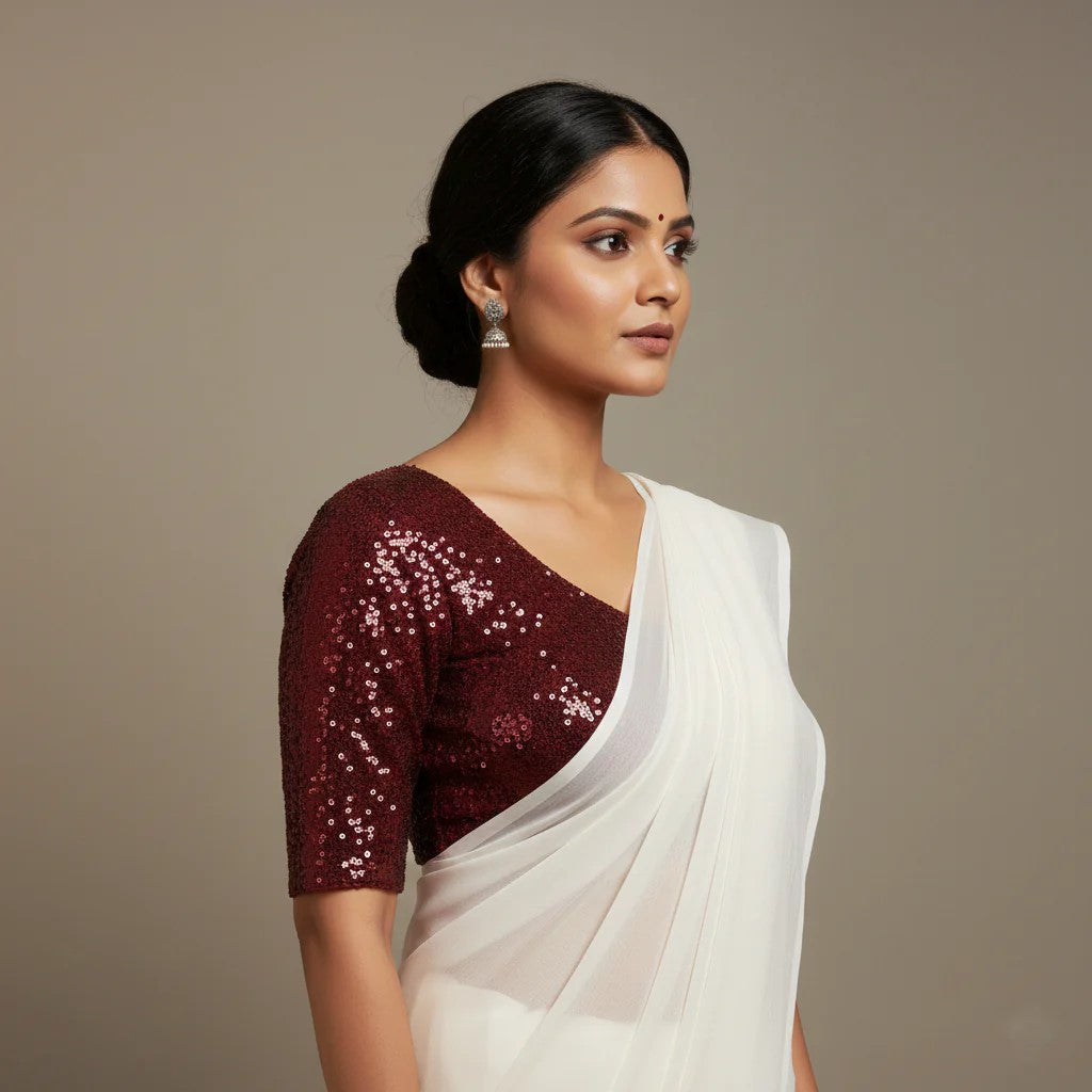 Elegant White Saree with Contrast Maroon Sparkle Velvet Blouse